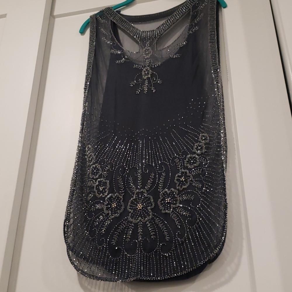 Free People Beaded Gray Silver Floral Tunic Top XS